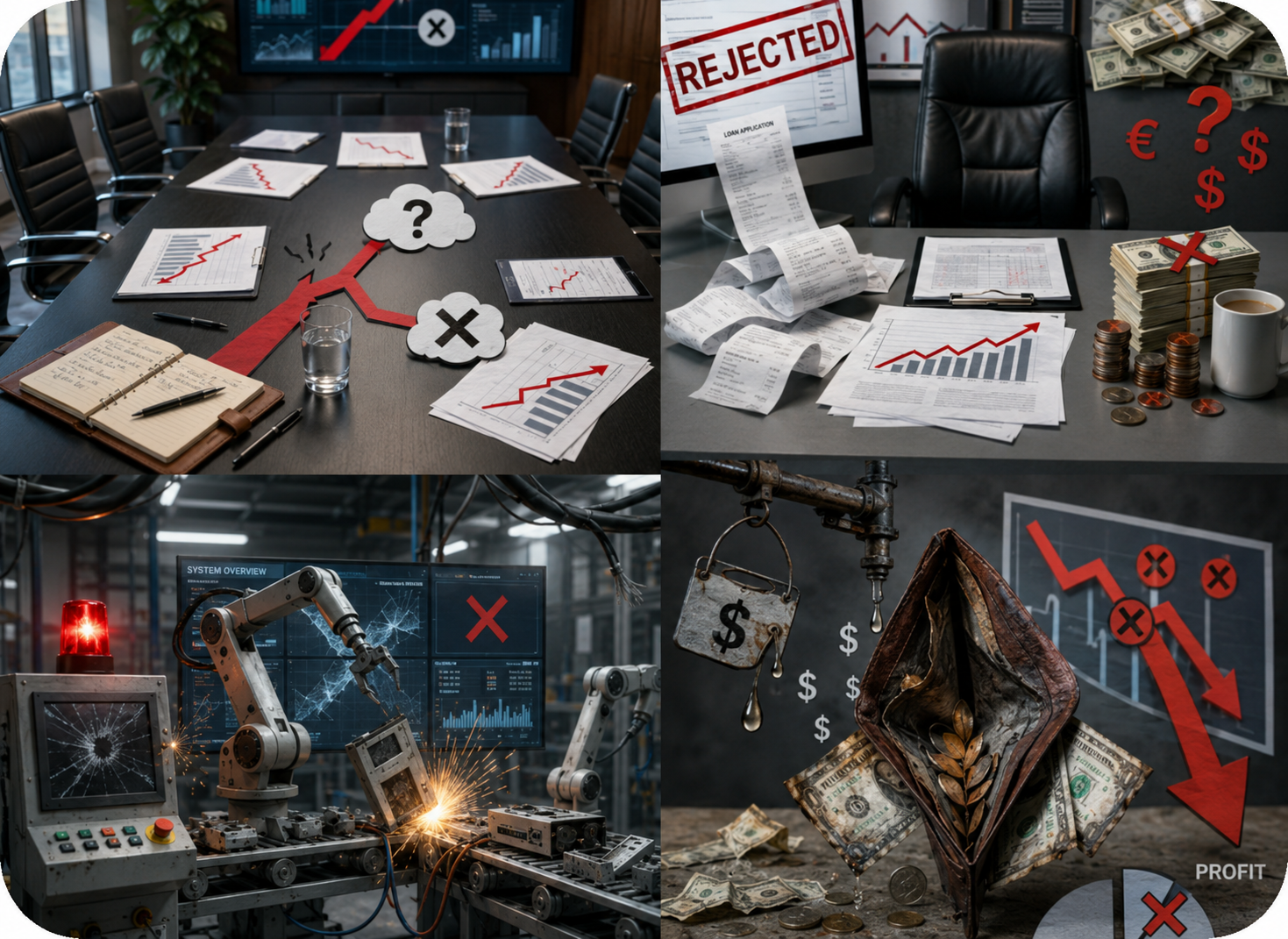 Photorealistic collage showing production losses and operational problems